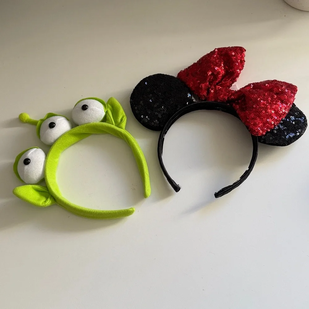 Disney Kids Alien Eye Headband in Lime Green & Minnie Sequin Ears with Red Bow - Picture 2 of 3